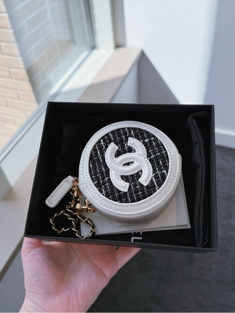 Chanel Beauty Tweed Quilted Round Filigree Pouch With Chain